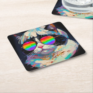 Dessous-de-verre Carré En Papier Chat Gras Cool (Peinture #1 / Noir)