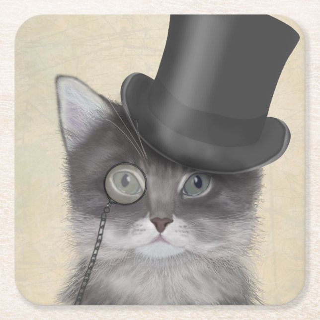 Dessous-de-verre Carré En Papier Chat gris avec chapeau supérieur (Devant)