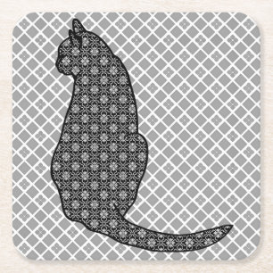 Dessous-de-verre Carré En Papier Chat japonais - Kimono noir et blanc
