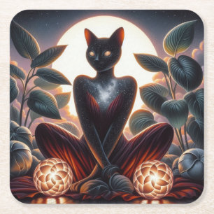 Dessous-de-verre Carré En Papier Chat noir cosmique aux yeux brillants Surreal numé