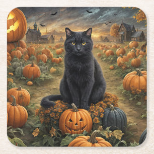 Dessous-de-verre Carré En Papier Chat noir d'Halloween et Citrouilles
