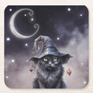 Dessous-de-verre Carré En Papier Chat noir d'Halloween portant un chapeau de sorciè