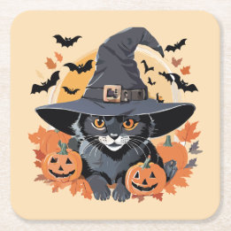 Dessous-de-verre Carré En Papier Chat noir en sorcière Casquette Halloween