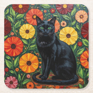 Dessous-de-verre Carré En Papier Chat noir et fleurs d'art populaire colorées