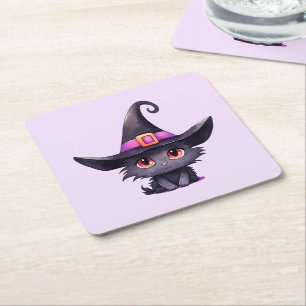 Dessous-de-verre Carré En Papier Chat noir mignon portant un Casquette de sorcière