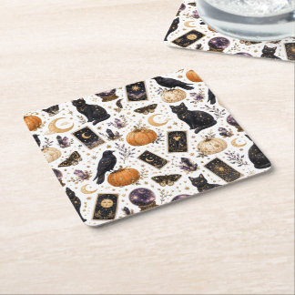 Dessous-de-verre Carré En Papier Chat noir mystique Halloween Tarot céleste