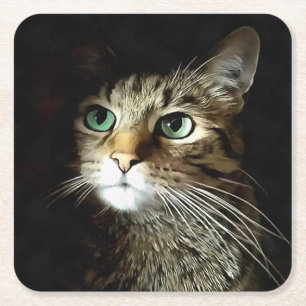 Dessous-de-verre Carré En Papier Chat Tigre Aux Yeux Verts Isolés Sur Fond Noir