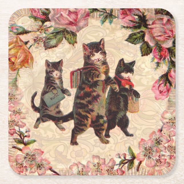 Dessous-de-verre Carré En Papier Chat Vintage jolie chatons antiques chatons (Devant)