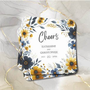 Dessous-de-verre Carré En Papier Cheers Blue Jaune Fleurs sauvages Élégant mariage