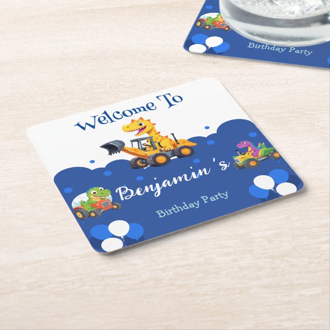 Dessous-de-verre Carré En Papier Cher Dinosaure tracteur creuser ballon camion Anni (Incliné)