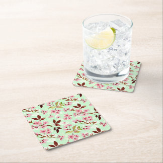 Dessous-de-verre Carré En Papier Cherry Blossoms Mint Arrière - plan Dessous de ver