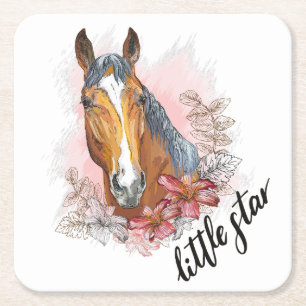 Dessous-de-verre Carré En Papier Cheval à main avec plantes et fleurs T-shirt