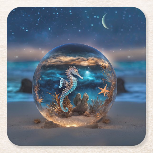 Dessous-de-verre Carré En Papier Cheval de mer et Starfish sur l'Imaginaire de plag (Devant)