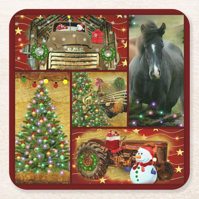 Dessous-de-verre Carré En Papier Cheval de Noël Camion de neige tracteur (Devant)