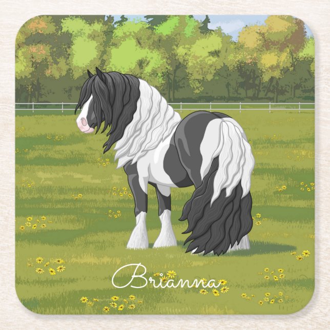 Dessous-de-verre Carré En Papier Cheval d'équipage du Pinto noir Piebald Gypsy Vann (Devant)