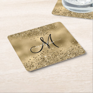 Dessous-de-verre Carré En Papier Chic Black Gold Parties scintillant Nom du monogra