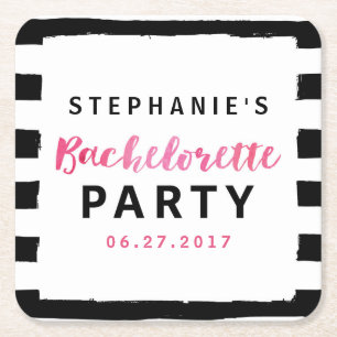 Dessous-de-verre Carré En Papier Chic Black & White Stripes Pink Bachelorette Party