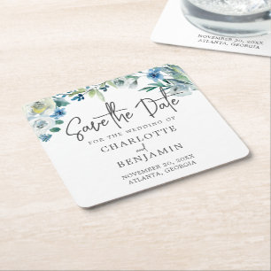 Dessous-de-verre Carré En Papier Chic Blue Spring Floral Enregistrer La Date