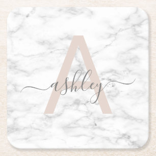 Dessous-de-verre Carré En Papier Chic Blush Pink White Marble Script Nom monogram