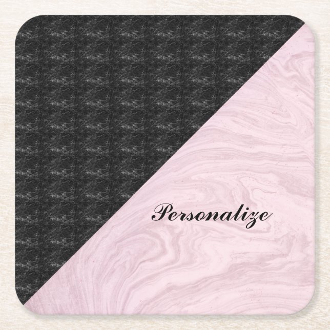 Dessous-de-verre Carré En Papier Chic Elegant Marbre Noir Rose Personnalisé (Devant)