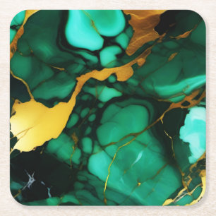 Dessous-de-verre Carré En Papier Chic Elegant vert foncé jaune Faux Marble