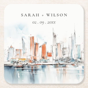 Dessous-de-verre Carré En Papier Chic Miami Floride Skyline Mariage d'aquarelle