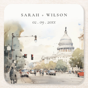 Dessous-de-verre Carré En Papier Chic Minimal Washington DC, USA Watercolor Mariage