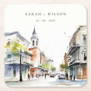 Dessous-de-verre Carré En Papier Chic New Orleans Louisiana Mariage aquarelle