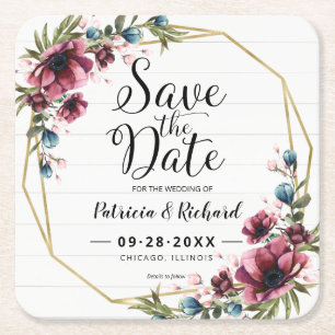 Dessous-de-verre Carré En Papier Chic Rustique Fleurs de Bourgogne Save The Date
