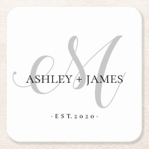 Dessous-de-verre Carré En Papier Chic Silver M Monogramme Nom Date de Mariage