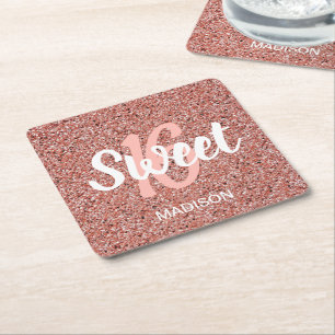 Dessous-de-verre Carré En Papier Chic Sweet 16 Rose Gold Pink Parties scintillant p