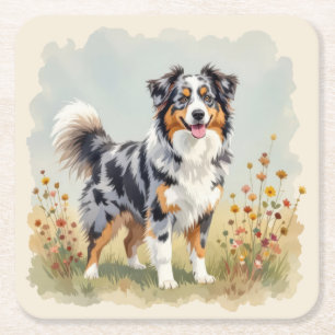 Dessous-de-verre Carré En Papier Chien Berger Australien Merle Queue Longue