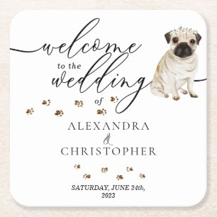 Dessous-de-verre Carré En Papier Chien Carlin Chiot Bienvenue au mariage