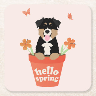 Dessous-de-verre Carré En Papier Chien De Berger Australien En Pot De Fleurs