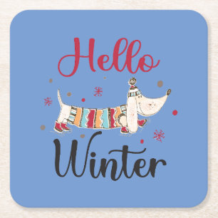 Dessous-de-verre Carré En Papier Chien mignon Bonjour hiver