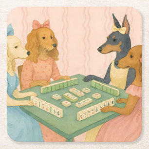 Dessous-de-verre Carré En Papier Chiens mignons vintage jouant au Mahjong