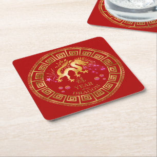 Dessous-de-verre Carré En Papier Chinois Zodiac Dragon Rouge/Or ID542