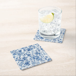 Dessous-de-verre Carré En Papier Chinoiserie Bleue Floral Botanique Aquarelle