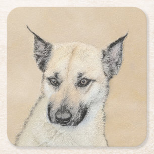 Dessous-de-verre Carré En Papier Chinook (Oreilles Pointées) Peinture - Art Chien o