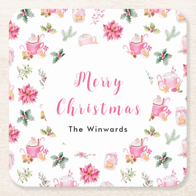 Dessous-de-verre Carré En Papier Christmas Hot Cocoa and Pink Poinsettias (Devant)