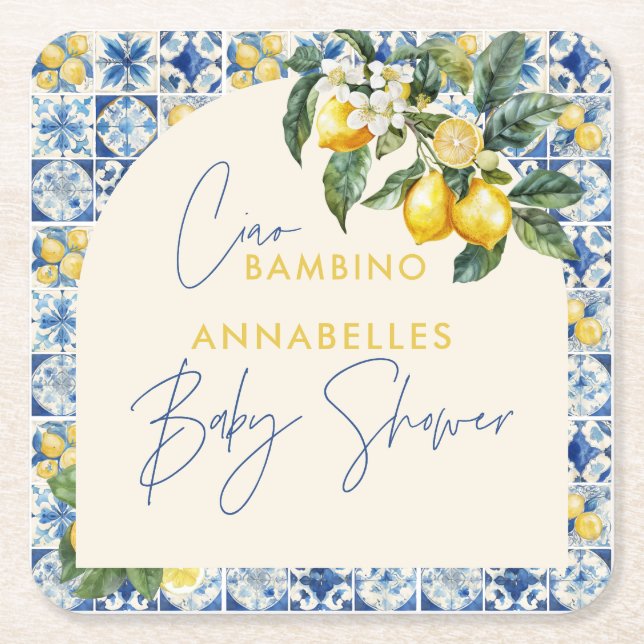 Dessous-de-verre Carré En Papier Ciao Bambino baby shower grec au citron (Devant)
