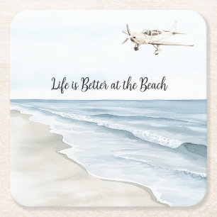 Dessous-de-verre Carré En Papier Ciel Bleu Plage Océan Côte Avion Blanc