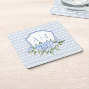 Dessous-de-verre Carré En Papier Cimetière Monogram Hydrangea Bleue avec des rayure