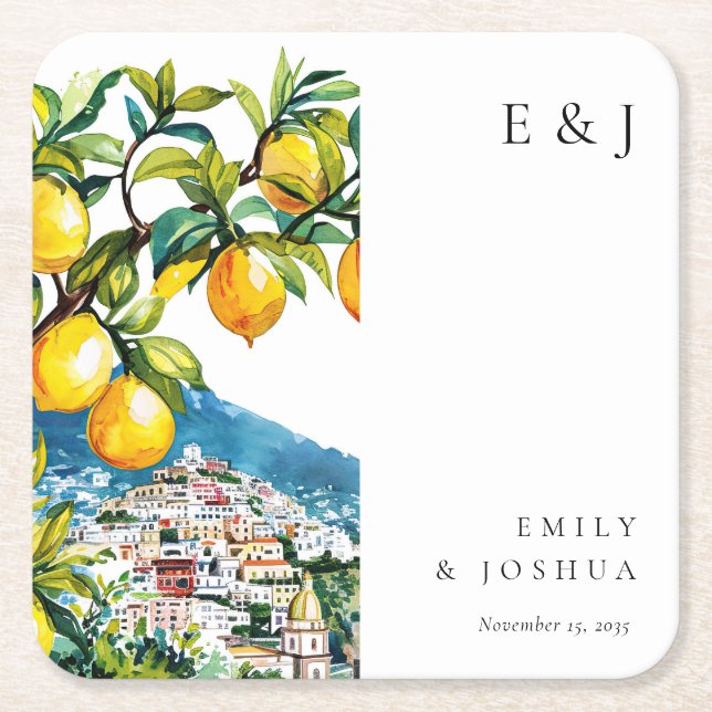 Dessous-de-verre Carré En Papier Citron Citrus Côte Amalfi Mariage italien (Devant)