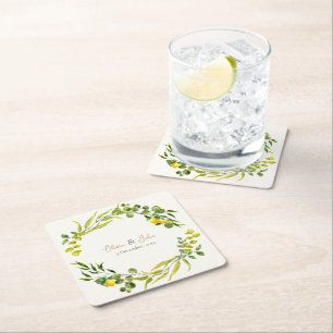 Dessous-de-verre Carré En Papier Citron Jaune et Vert Mariage Aquarelle au Citron