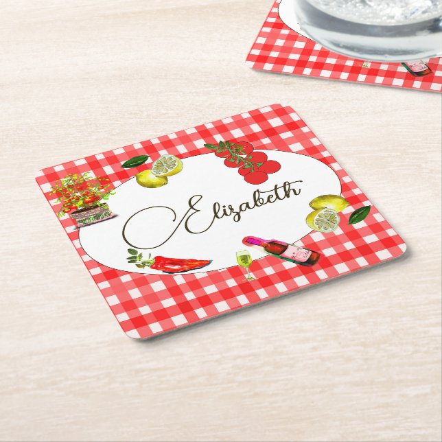 Dessous-de-verre Carré En Papier Citron méditerranéen Motif blanc rouge (Incliné)