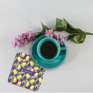 Dessous-de-verre Carré En Papier Citron motif nom personnalisé jaune violet