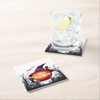 Dessous-de-verre Carré En Papier Citrouille d'Halloween, Chats & Sorcière