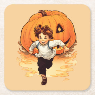 Dessous-de-verre Carré En Papier Citrouille d'Halloween, Happy Young Boy