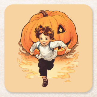 Dessous-de-verre Carré En Papier Citrouille d'Halloween, Happy Young Boy